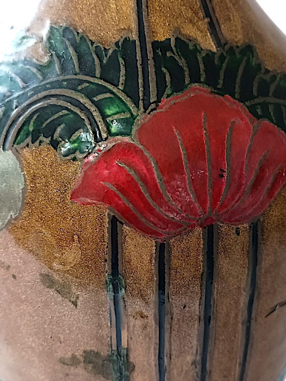 Vintage Enameled Brass Vase LARGE Cloisonne Champleve Ornate Etched Floral READ - Picture 5 of 16